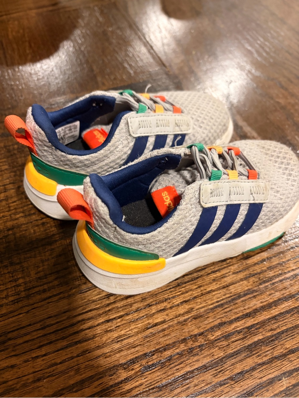 adidas Kids Gray Sneakers with Navy Stripes and Bright Accent Colors